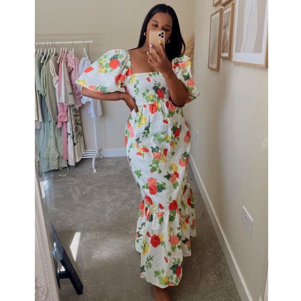 Sezane 4 Linen Carlotta Dress $450 Puff Sleeve Floral Tiered Maxi Dress 36 NWT!